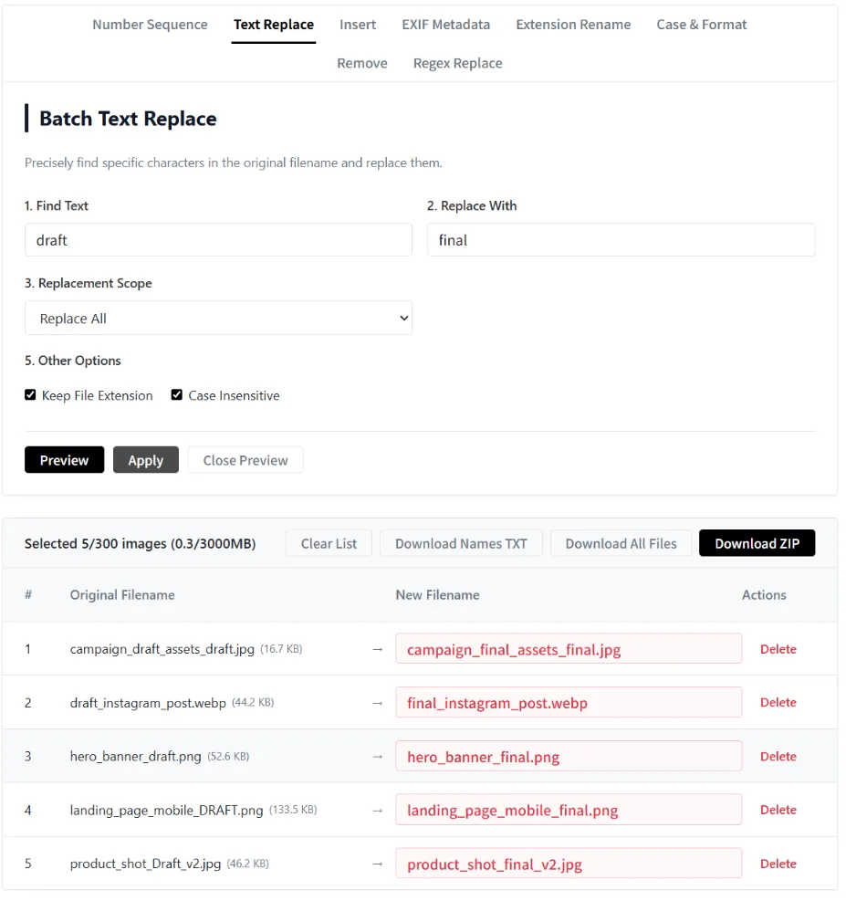 Batch text replace with case-insensitive matching enabled